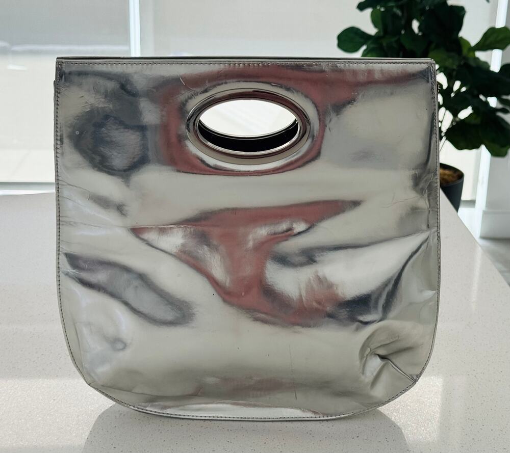 Vintage Y2K Metallic Silver Mirror Patent Leather Top Handle Tote Handbag